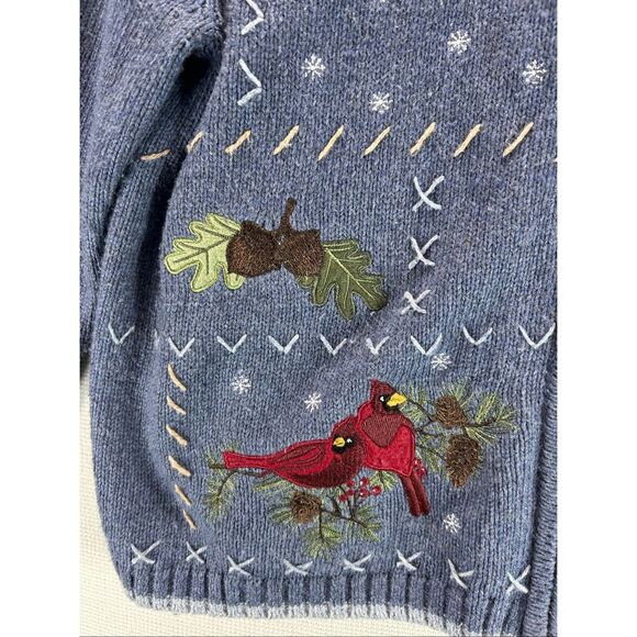 Blue Knit Holiday Cardigan PL Embroidered Winter Birds Cardinals Pinecones Zip - Picture 7 of 13